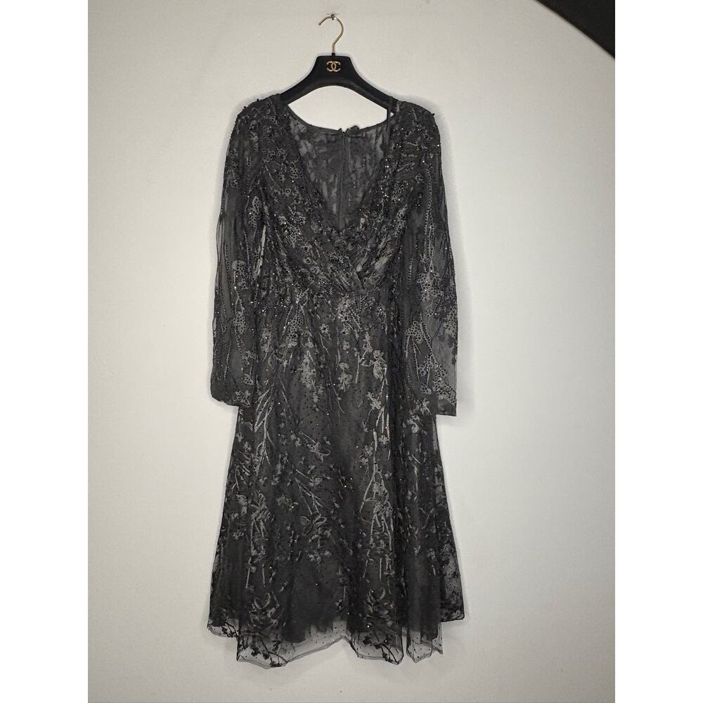 MAC DUGGAL Embellished Floral Long Sleeve Dress BLACK SIZE 8 Gothic Prom